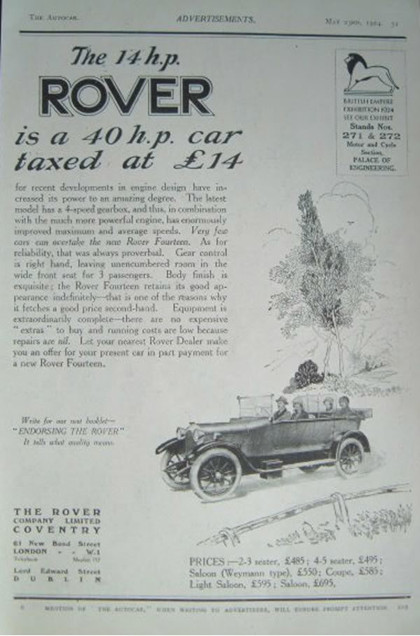 Werbung für Rover 14 hp, 1924