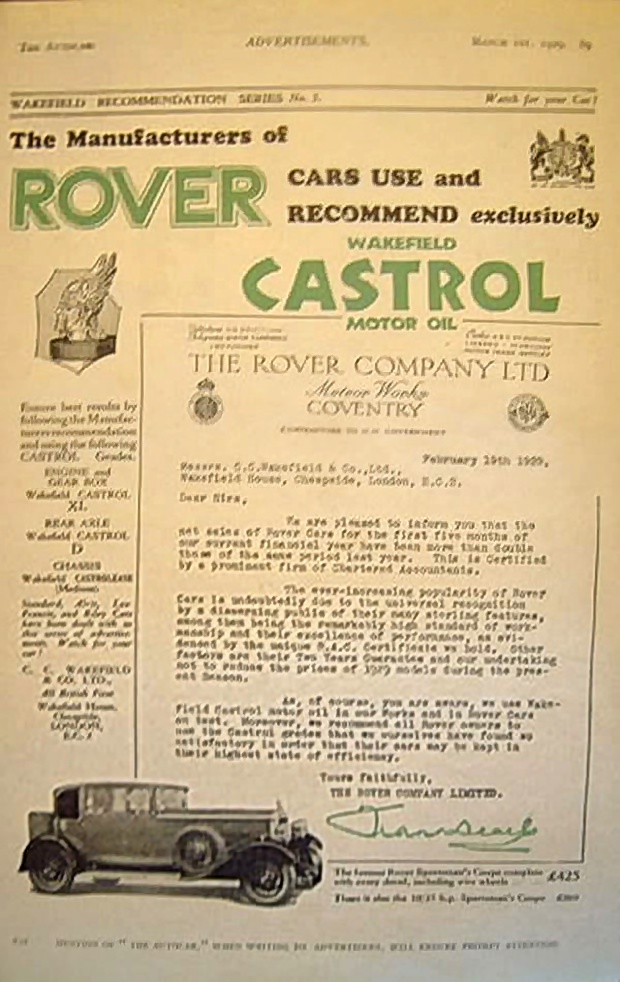 CASTROL - Werbung mit Rover 10/25 hp, 1929 Castrol - Werbung mit Rover 10/25hp 1929