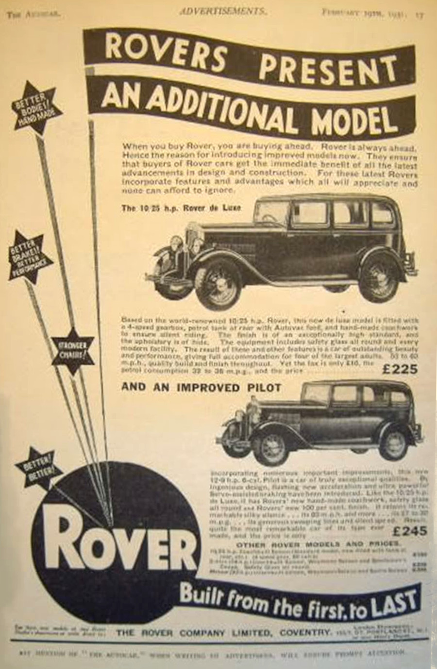 Werbung Rover 10/25hp 1931