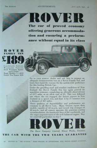 Werbung für Rover 10/25 hp, 1931 Werbung Rover 10/25hp 1931