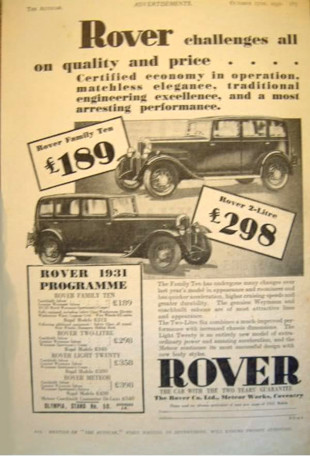 Werbung für Rover 10/25 hp, 1931 Werbung Rover 10/25hp 1931