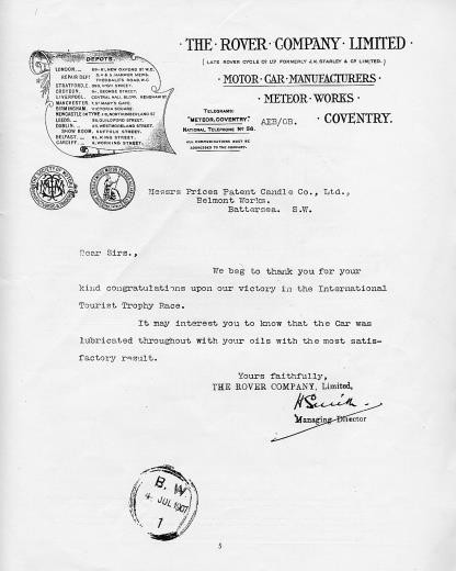 1907 Tourist Trophy Souvenir 1907 Rover Schreiben