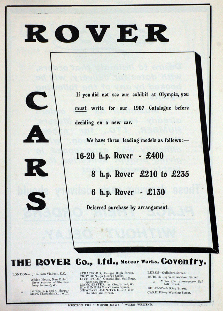 Werbung ROVER 16/20hp 1906, Motor News