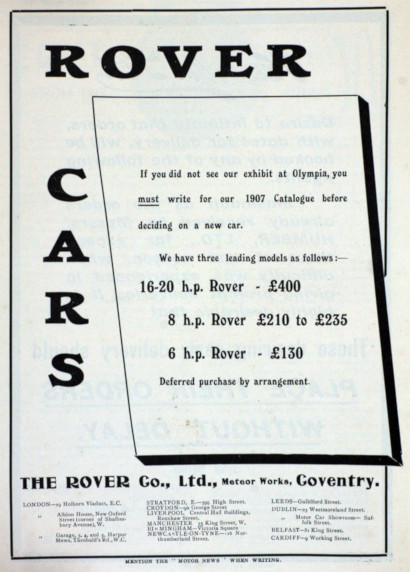 Werbung für Rover 6hp, 8hp und 16-20hp, 1906
