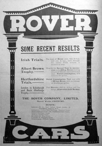 Werbung für Rover 8hp, 15hp und 16/20hp, 1909