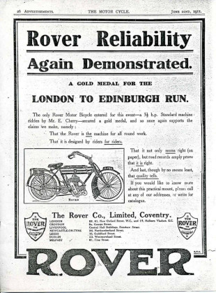Advert for Rover Motorcycle 3.5hp, 1911 Advert for Rover 3.5hp Motorcycle, 1911