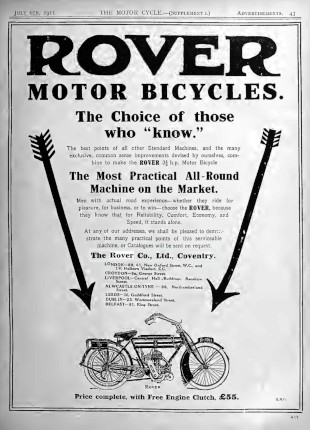Advert for Rover Motorcycle 3.5hp, 1911 Advert for Rover 3.5hp, 1911