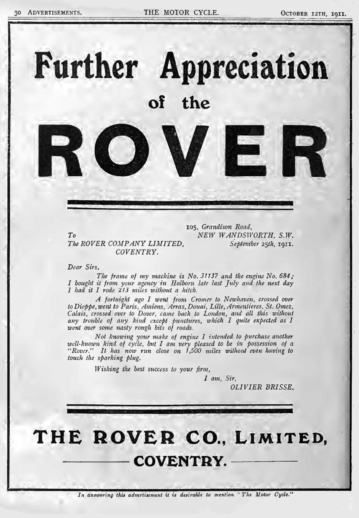 Advert for Rover Motorcycle 3.5hp, 1911