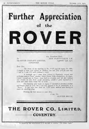 Advert for Rover Motorcycle 3.5hp, 1911 Advert for Rover Motorcycle 3.5hp, 1911