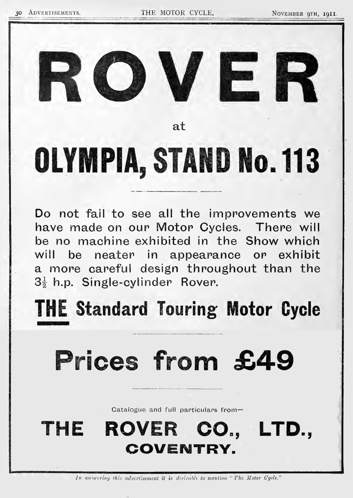 Advert for Rover Motorcycle 3.5hp, 1911