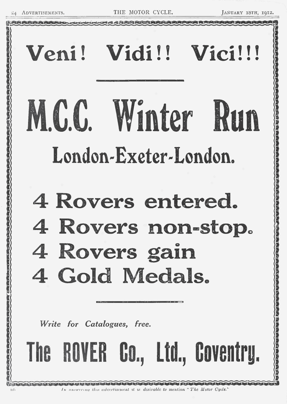 Advert for Rover Motorcycle 3.5hp, 1912