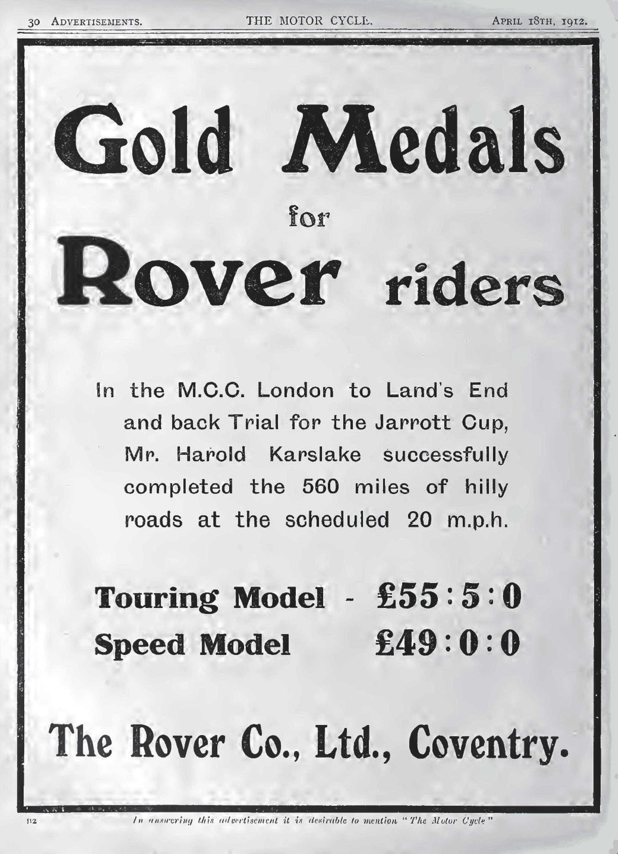 Advert for Rover Motorcycle 3.5hp, 1912