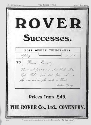 Advert for Rover Motorcycle 3.5hp, 1912 Advert for Rover Motorcycle 3.5hp, 1912
