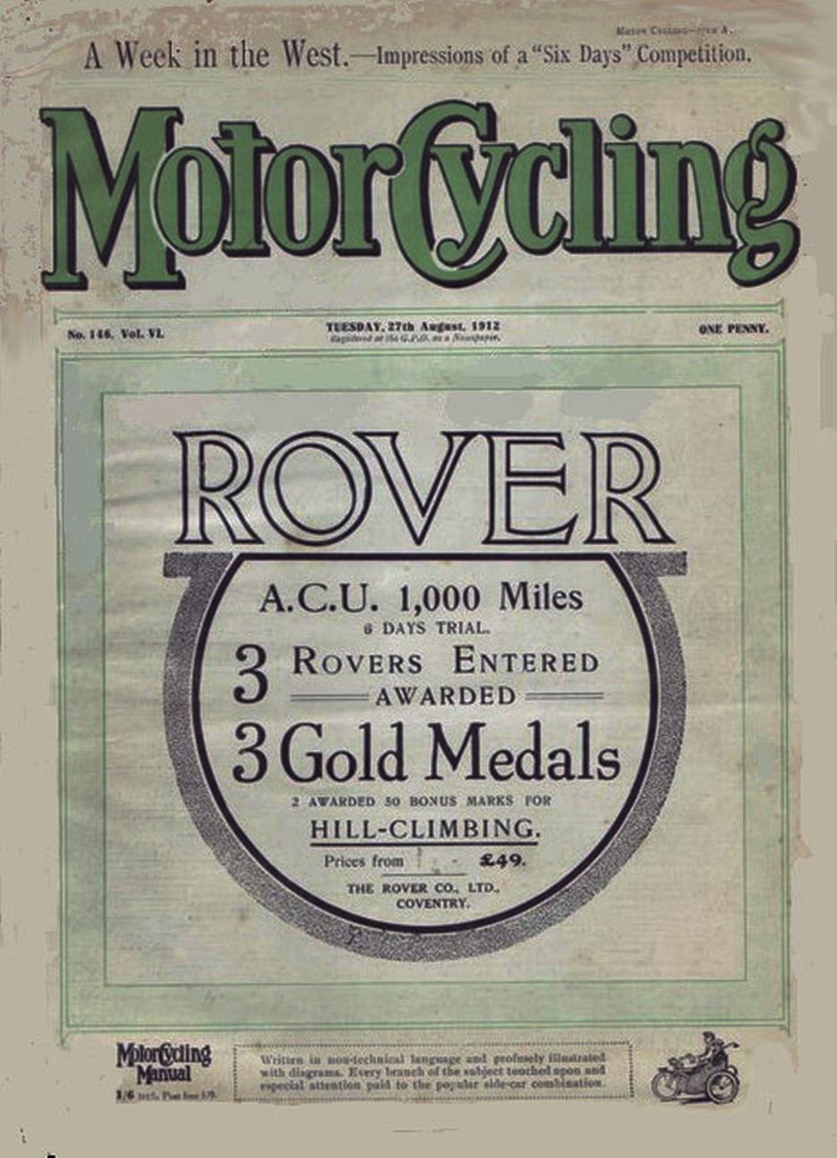 Advert for Rover Motorcycle 3.5hp, 1912