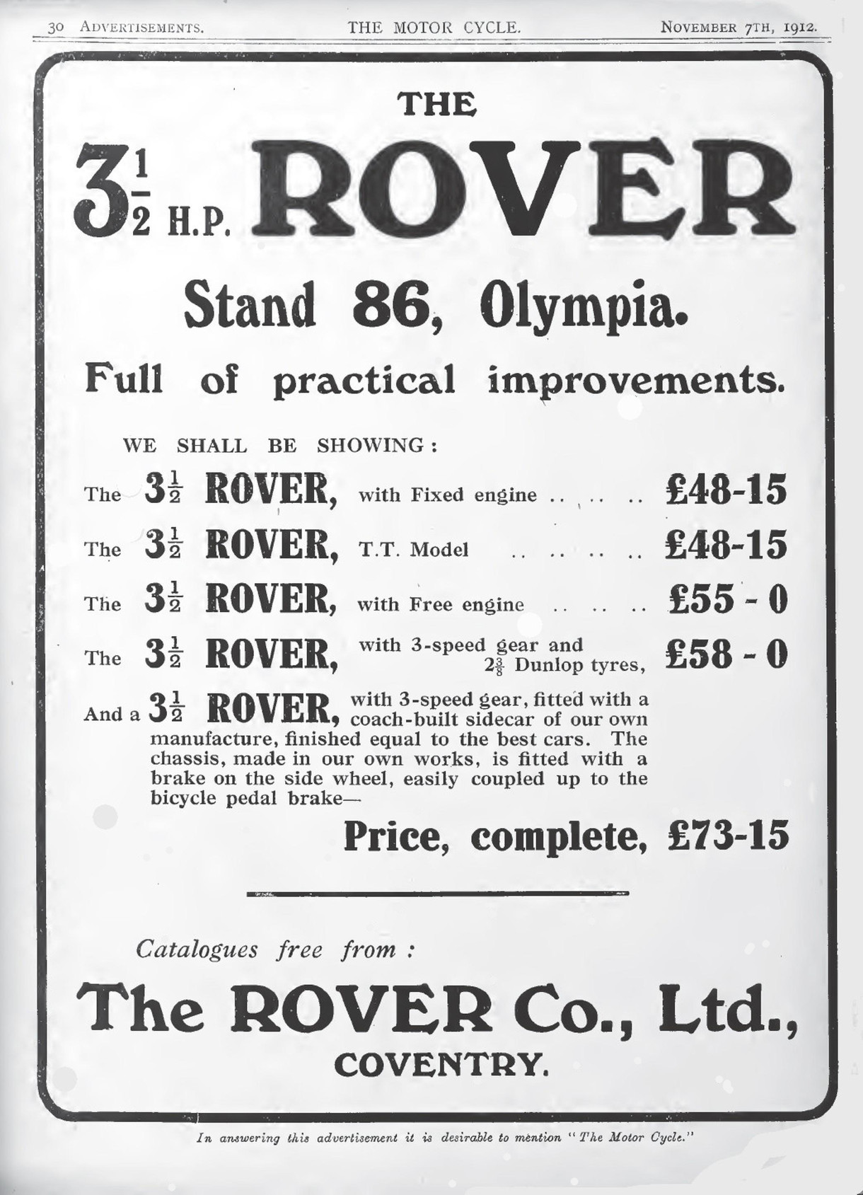 Advert for Rover Motorcycle 3.5hp, 1912