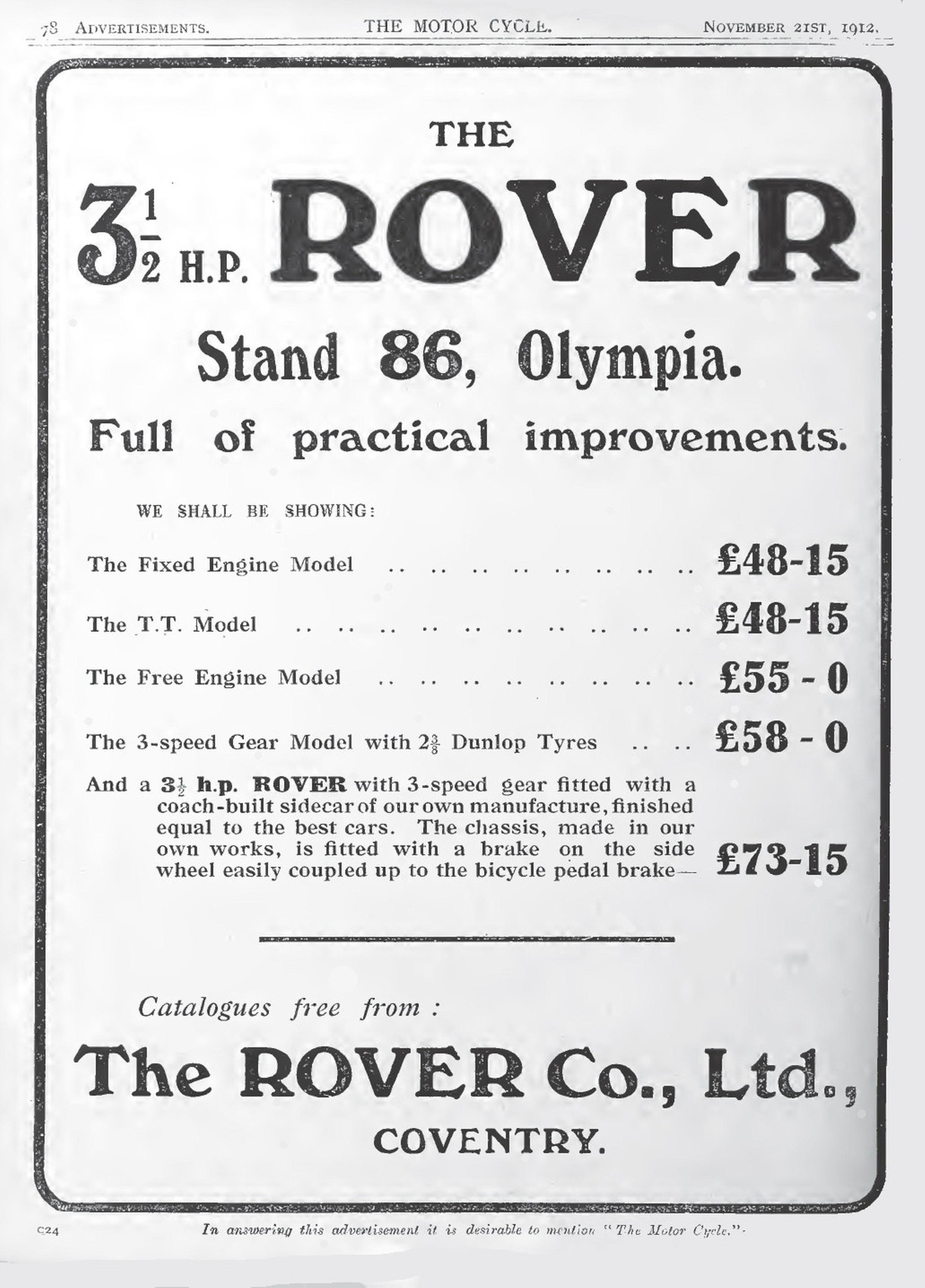 Advert for Rover Motorcycle 3.5hp, 1912