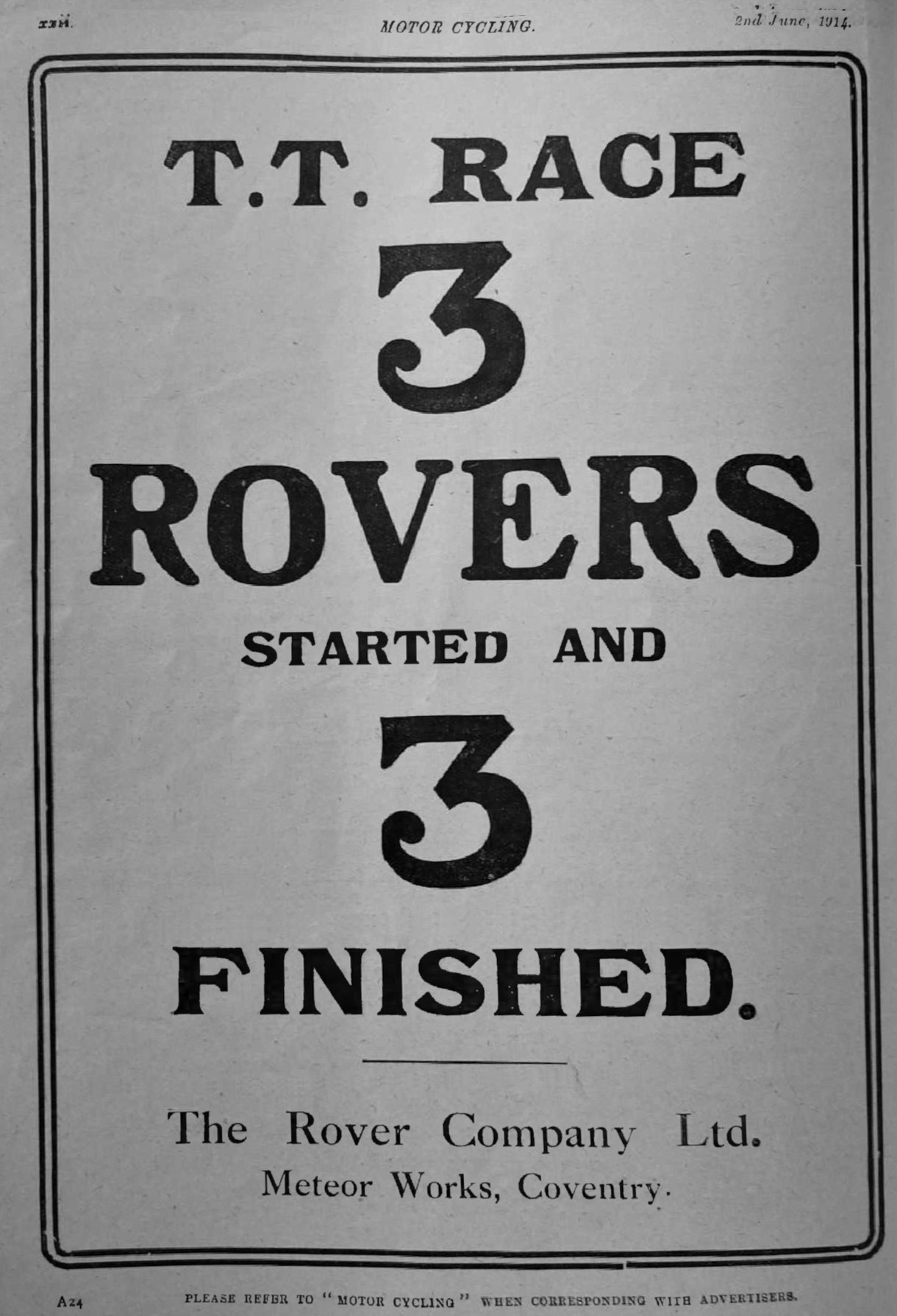 Advert for Rover Motorcycle 3.5hp, 1914