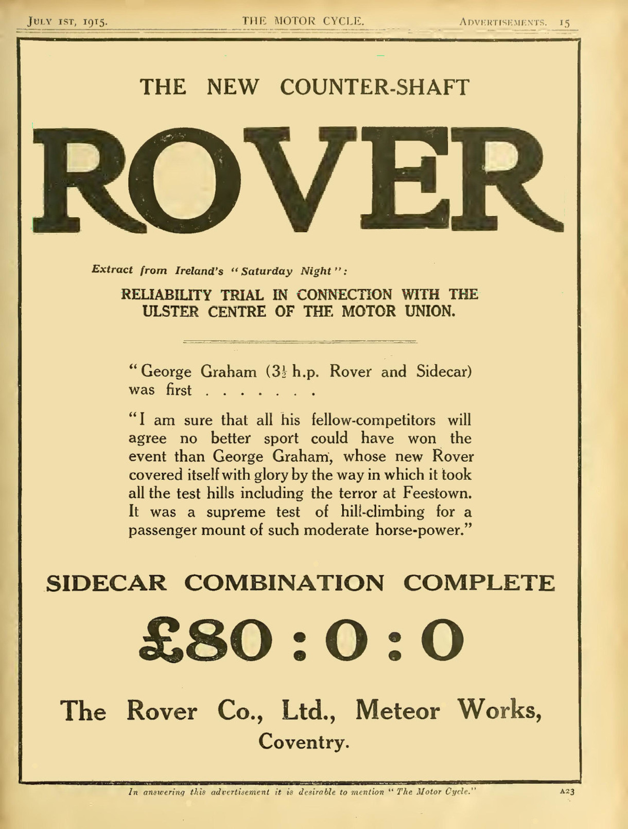 Advert for Rover Motorcycle 3.5hp, 1915