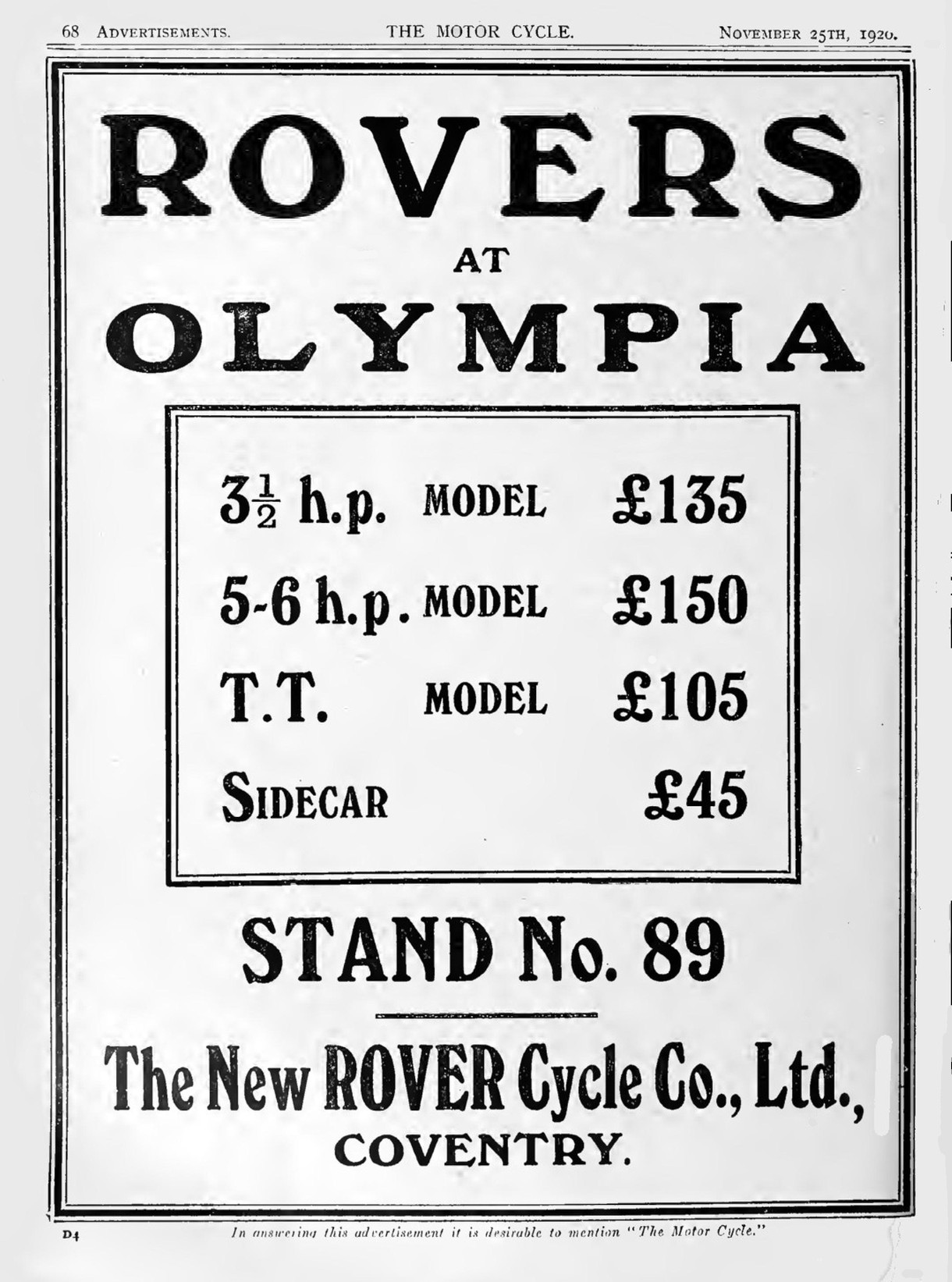 Advert for Rover Motorcycle 3.5hp, 1920