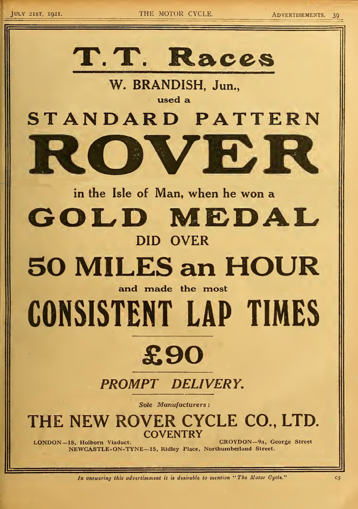 Advert for Rover Motorcycle 3.5hp, 1921
