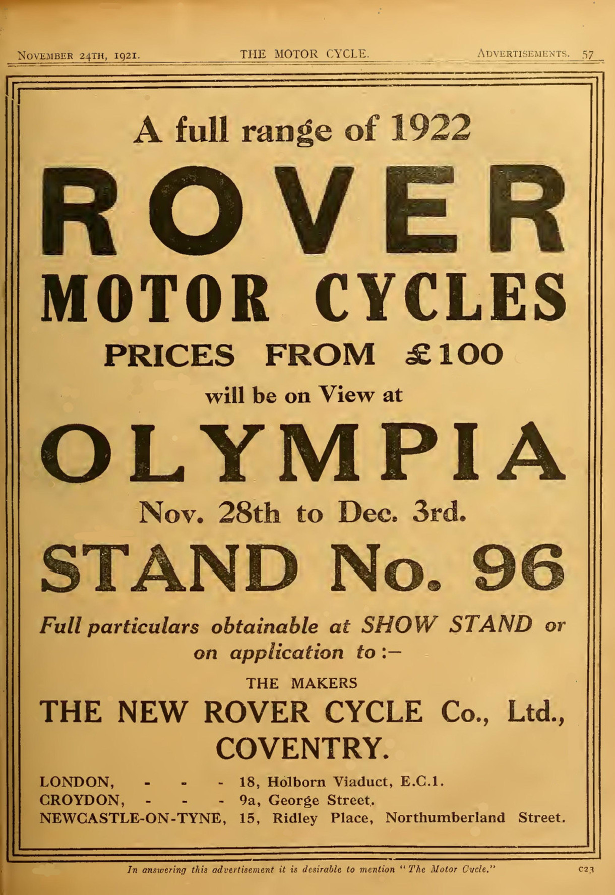 Advert for Rover Motorcycle 3.5hp, 1921