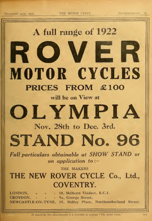 Advert for Rover Motorcycle 3.5hp, 1921 Advert for Rover Motorcycle 3.5hp, 1921
